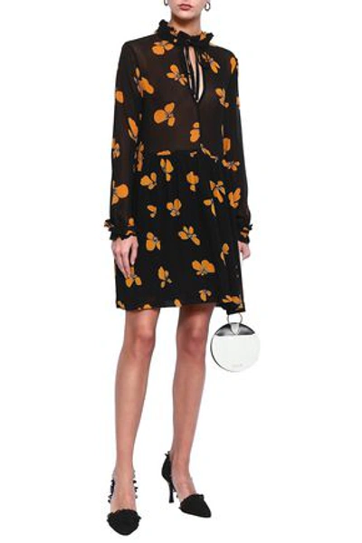 Ganni Ruffle-trimmed Floral-print Georgette Mini Dress In Black | ModeSens