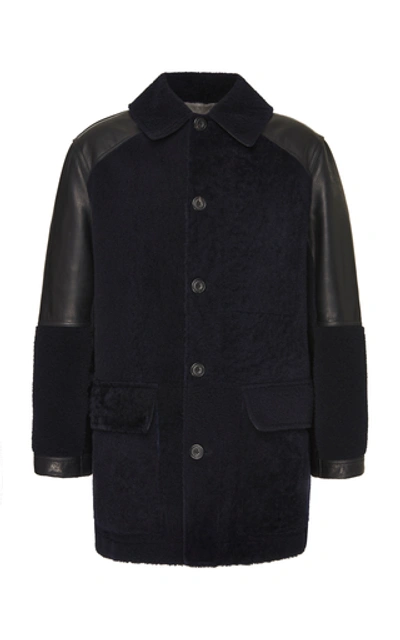 Alexander Mcqueen Leather & Shearling Jacket In Navy,black