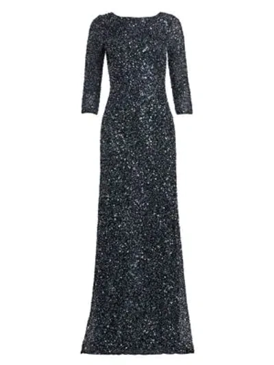 Theia Crunchy Sequin Boatneck Gown In Slate