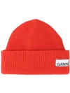 Ganni Stitched-logo Ribbed Wool-blend Beanie In 403 Fiery Red