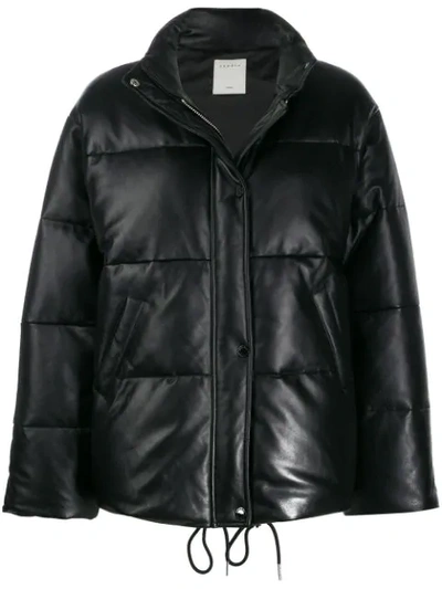 Sandro Funnel-neck Padded Leather Jacket In Black