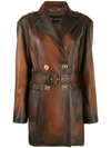 VERSACE BELTED DISTRESSED-LEATHER COAT