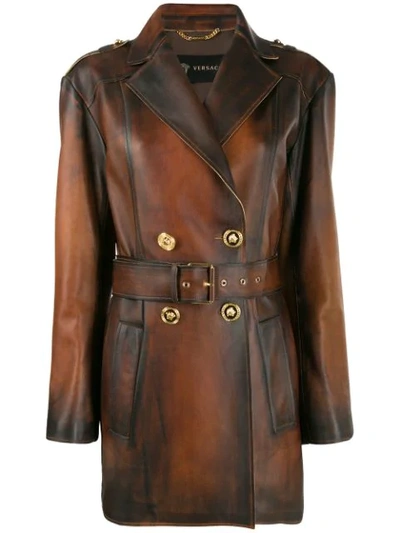 Versace Vintage-effetct Lambskin Jacket In Brown