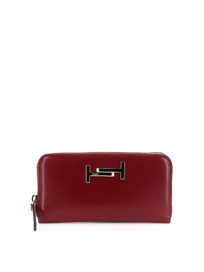Tod's Double T Leather Wallet In Burgundy
