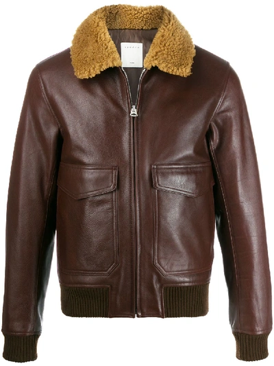 Sandro Shearling-collar Leather Aviator Jacket In Bordeaux