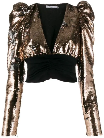 Amen Puff Sleeves Sequined Satin Top In Gold