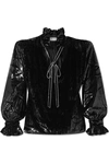 SAINT LAURENT PUSSY-BOW CRYSTAL-EMBELLISHED METALLIC VELVET BLOUSE