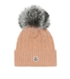 Moncler Fur-trimmed Wool-blend Beanie In Pink