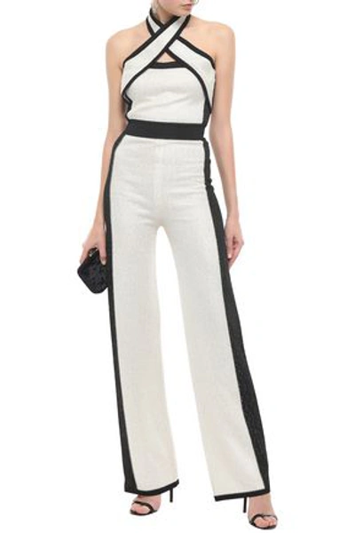 Balmain Two-tone Sequined Ponte Halterneck Jumpsuit In Ivory