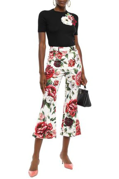 Dolce & Gabbana Floral-print Stretch Cotton-twill Kick-flare Trousers In Ivory