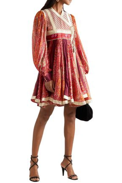 Etro Woman Paneled Cotton And Silk-blend Jacquard And Printed Chiffon Wrap Dress Red