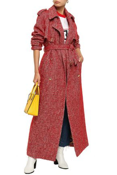 Stella Jean Woman Double-breasted Tweed Trench Coat Claret