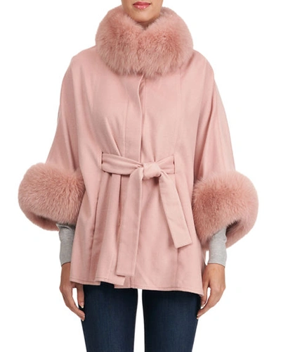 Gorski Cashmere Belted Cape W/ Fur Collar & Cuffs In Light Pink