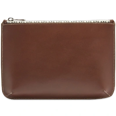 Apc A.p.c. Jacob Leather Zip Logo Pouch In Brown