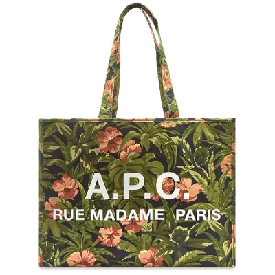 Apc A.p.c. Floral Print Logo Shopper Bag In Green