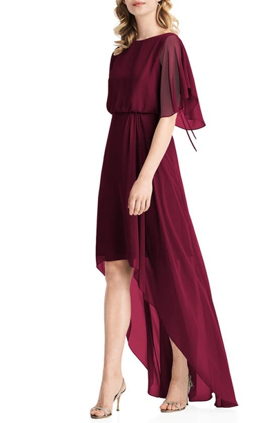 Jenny Packham Flutter Sleeve High/low Chiffon Gown In Cabernet Red