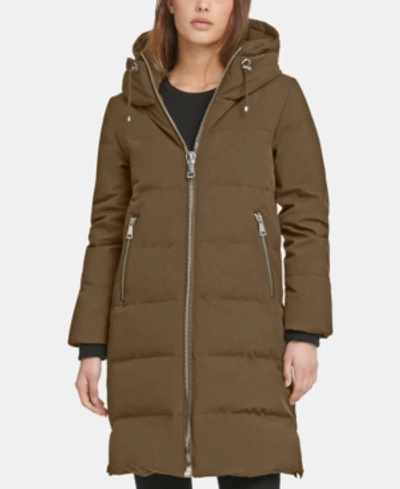 Dkny Zip Front Hooded Down Puffer Coat In Army Green