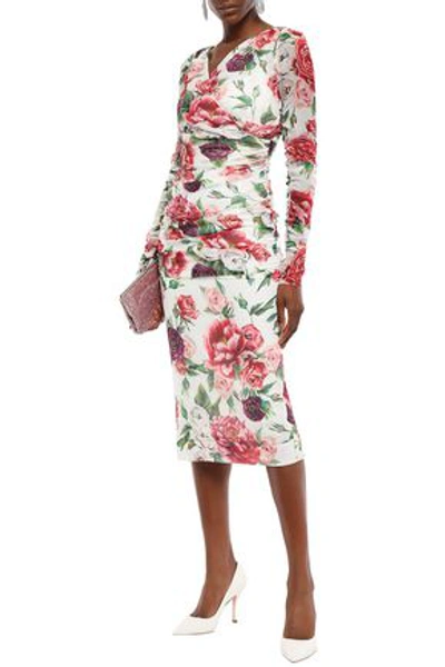 Dolce & Gabbana Wrap-effect Ruched Floral-print Silk-blend Georgette Midi Dress In Ivory