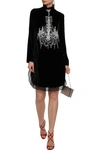 DOLCE & GABBANA DOLCE & GABBANA WOMAN EMBELLISHED CHIFFON-TRIMMED VELVET MINI DRESS BLACK,3074457345620540073