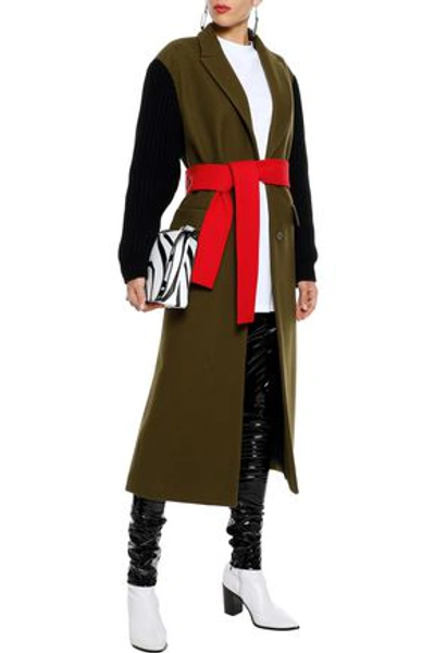 Msgm Color-block Ribbed Knit-paneled Wool-blend Coat In Army Green