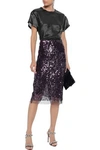 TOM FORD TOM FORD WOMAN SEQUINED COTTON-BLEND FISHNET PENCIL SKIRT PURPLE,3074457345620842454