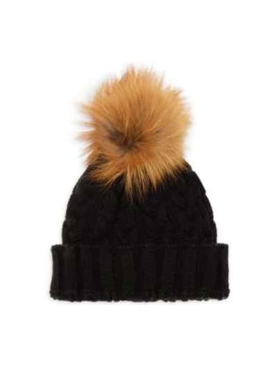 Adrienne Landau Fox Fur Pom Pom Cable-knit Hat In Black