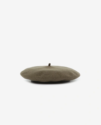 The Kooples Khaki Wool Beret With Black Leather Bow In Kaki