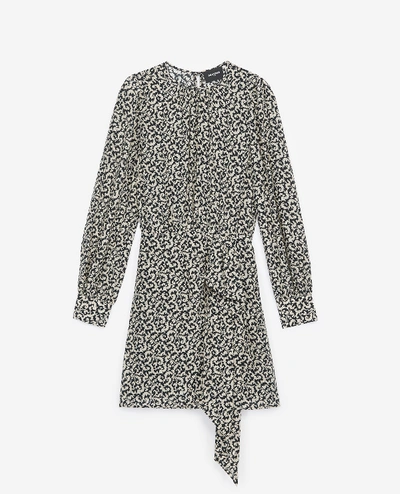 The Kooples Printed Short Silk Dress With Round Neck In Black/light Grey