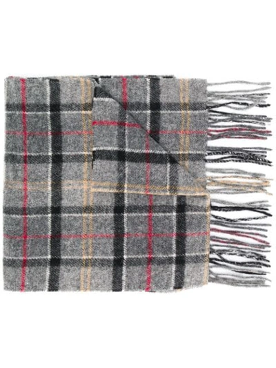 Barbour Fringed Tartan Lambswool Scarf In Grey