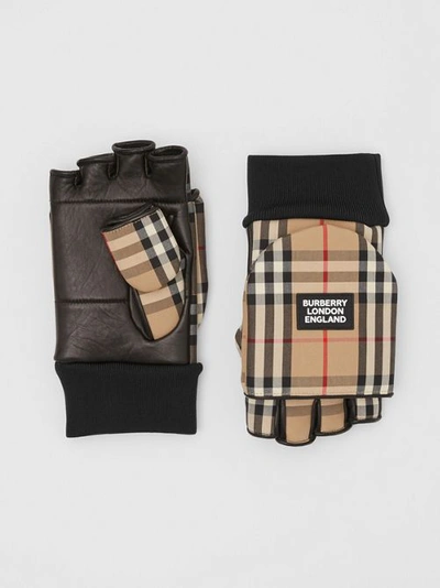 Burberry Logo Appliqué Lambskin And Vintage Check Mittens In Archive Beige