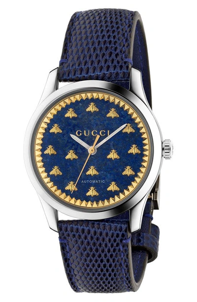Gucci Bee Automatic Leather Strap Watch, 38mm In Blue/ Gold/ Silver