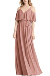 Jenny Packham Ruffled Cold-shoulder Maxi Dress In Desert Rose Pink