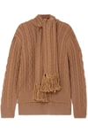MOTHER OF PEARL DRAPED FRINGED CABLE-KNIT WOOL-BLEND SWEATER