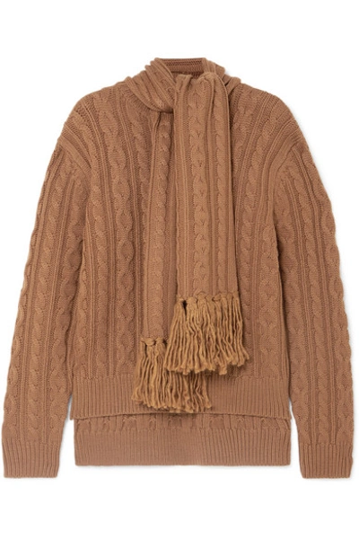 Mother Of Pearl Draped Fringed Cable-knit Wool-blend Sweater In Camel