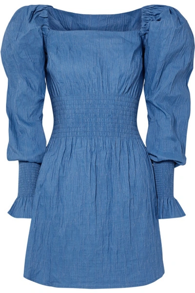 Anna Quan Everly Shirred Crinkled Stretch-jacquard Mini Dress In Blue