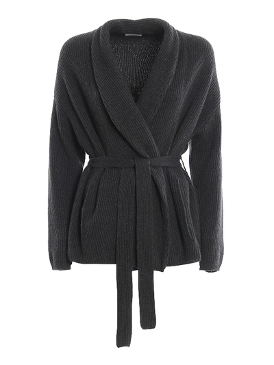 Brunello Cucinelli Rib Knitted Cashmere Belted Cardigan In Dark Grey