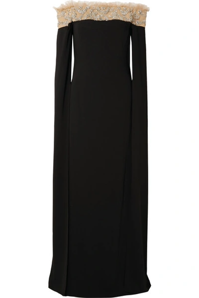 Reem Acra Off-the-shoulder Embellished Tulle-trimmed Crepe Gown In Black