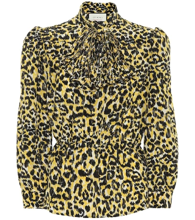 Gucci Leopard-print Silk Crepe De Chine Blouse In Yellow