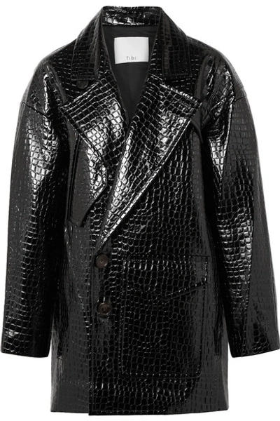 Tibi Oversized Croc-effect Faux Patent-leather Coat In Black