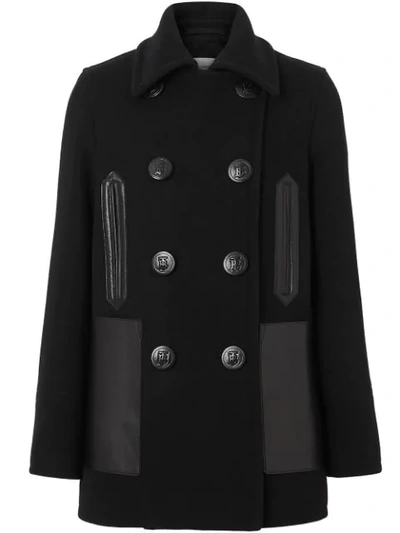 Burberry Double-breasted Leather-trimmed Wool-blend Coat In Black