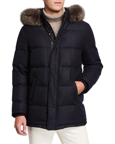 Mandelli Men's Cashmere-blend Puffer Coat W/ Fur Trim In Navy