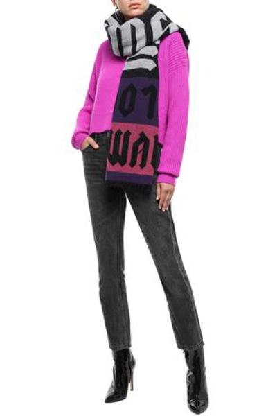Mcq By Alexander Mcqueen Frayed Color-block Jacquard-knit Wool-blend Scarf In Violet