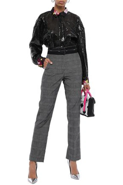 Msgm Woman Cropped Velvet-trimmed Checked Cotton-blend Tapered Pants Dark Gray