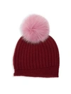 Raffaello Bettini Fur Pom Pom English Stitch Cashmere Beanie In Burgundy