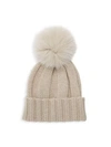 RAFFAELLO BETTINI WOMEN'S FOX FUR POM-POM RIBBED CASHMERE BEANIE,0400011286996