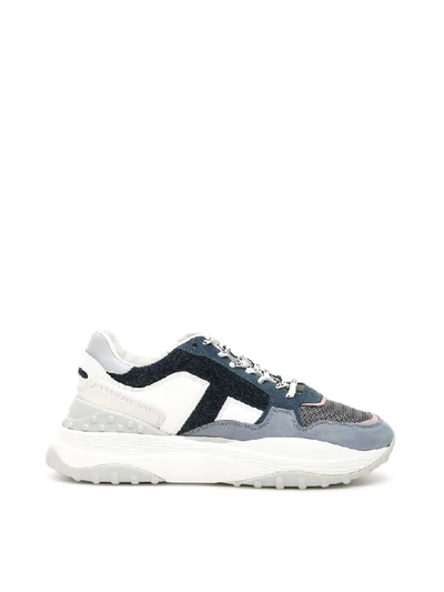 Tod's Leather And Fabric Trainers In White,blue,grey