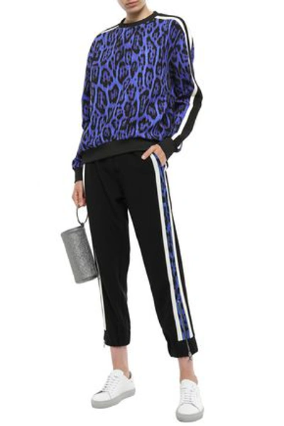Just Cavalli Striped Leopard-print Stretch-crepe Sweatshirt In Royal Blue