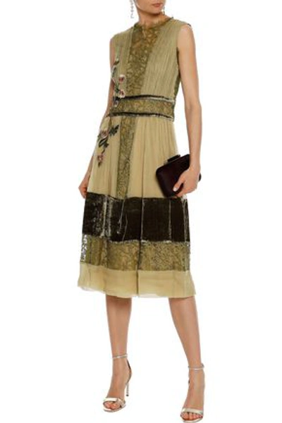 Alberta Ferretti Woman Appliquéd Silk-georgette, Lace And Velvet Midi Dress Sage Green