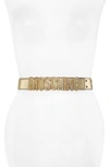 MOSCHINO JEWELED LOGO PLAQUE METALLIC LEATHER BELT,A8047 8011