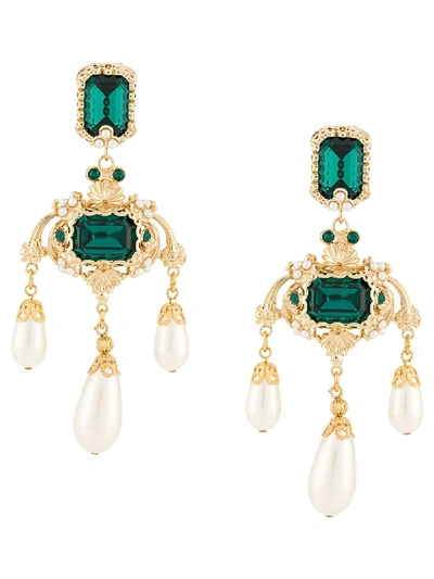 Dolce & Gabbana Emerald Glass And Pearly Statement Earrings In Gold